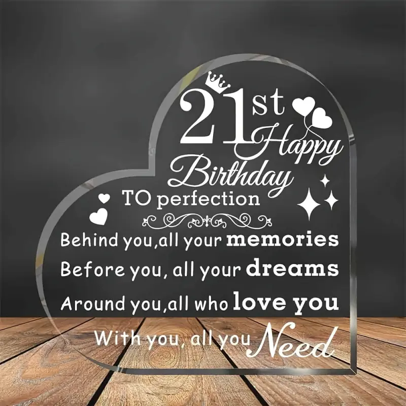 21st Birthday Heart Acrylic Engraving Sign - Vintage Style "Happy 21st Birthday" Quote, with Floral and Star Design, Without Frame, Home Desktop Decoration, Personalized Decor