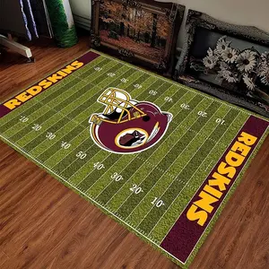 Washington Redskins Football Field Flannel Area Rug - Green Gridiron Pitch with Helmet Logo Print Soft Mat for Man Cave & Fan Room, Non-Slip NFL Home Decor #RedskinsFootballRug #NFLGridironMat #ManCaveDecor #FootballFieldCarpet #NonSlipFlannelRug