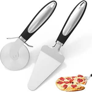 Pizza Wheel Cutter & Pie Server Set - Non-Slip Handle Sharp 430 Stainless Steel Slicer for Easy Cutting Dishwasher Safe 2PCS