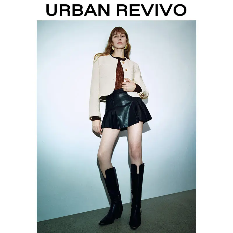 URBAN REVIVO Women's Fitted Crew Neck Long-Sleeve Tweed Patch Pocket Coat - 2025 Elegant Polyester Outerwear for Casual OOTD