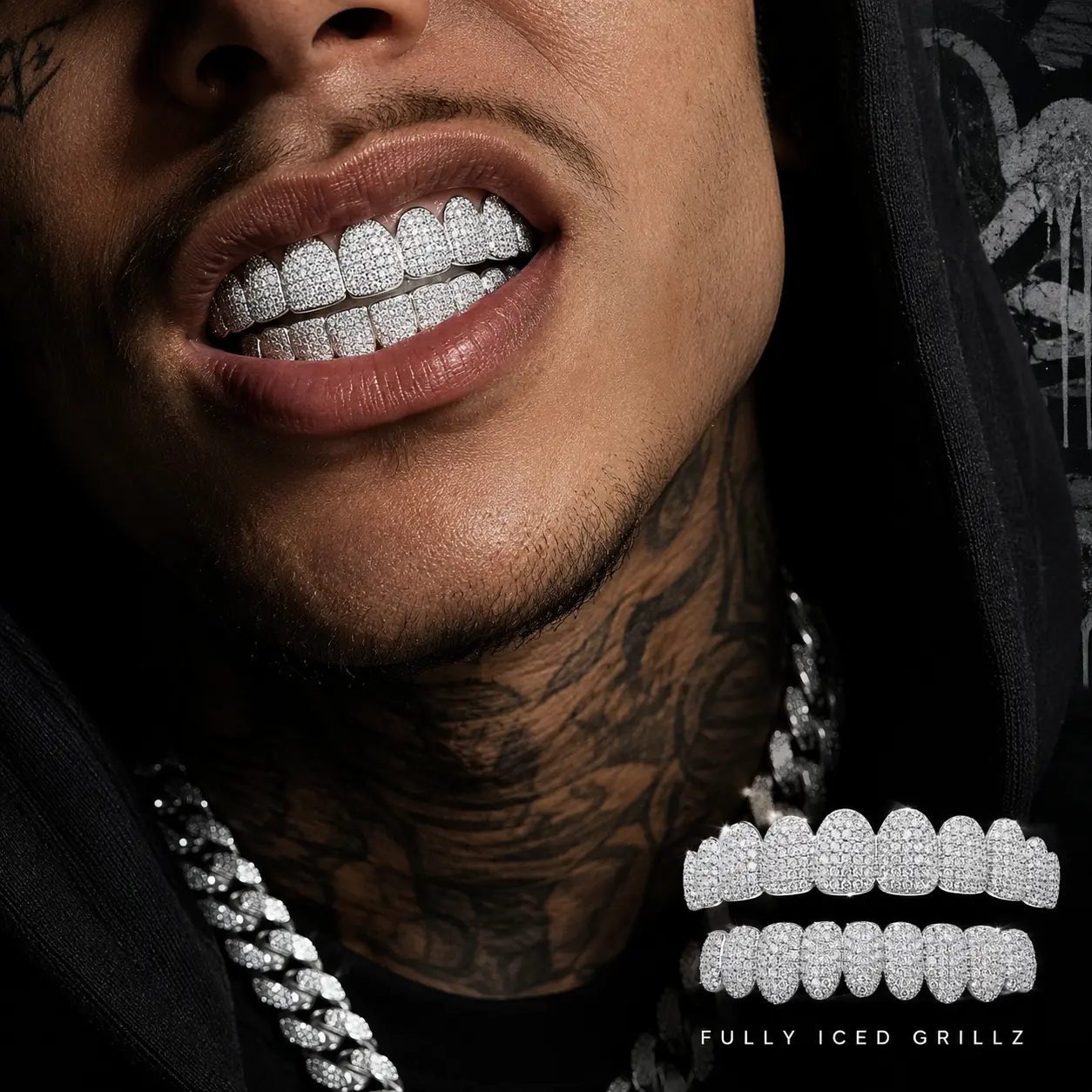 Silver-Tone Fully Iced Out Grillz Set for Men & Women, Hip Hop Teeth Jewelry, Sparkling Bling Upper & Lower Teeth Caps, Rapper Streetwear Fashion Accessory, Removable Party Club Festival Costume Jewelry, Trendy Smile Decor Gift
