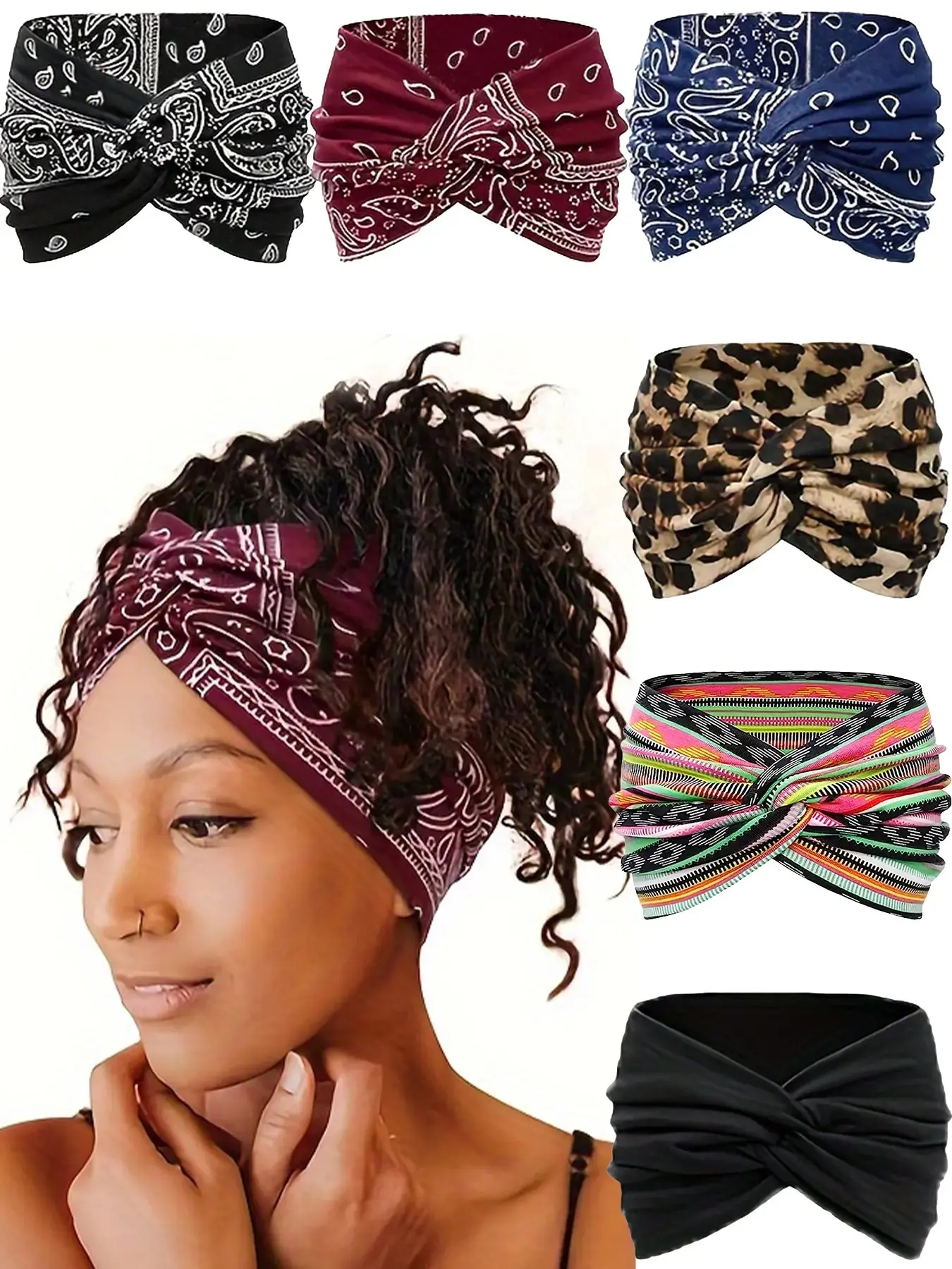 6pcs Boho Cross Knot Wide Adjustable Headband for Women, Leopard & Paisley Print, Non-Slip Soft Stretch Turban, Fashion Hair Accessory, Elastic Headbands, Boho Hair Accessories