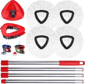 (NO BUCKET)Mop Heads Replacements Complete Combo for O-Ceda,4Pcs White Machine Washable Microfiber Spin Mop Refills Replace Heads,1 Scrub Brushs,1 Base,1 Set Handle,Spin Mop Replacements for Tub and Tile