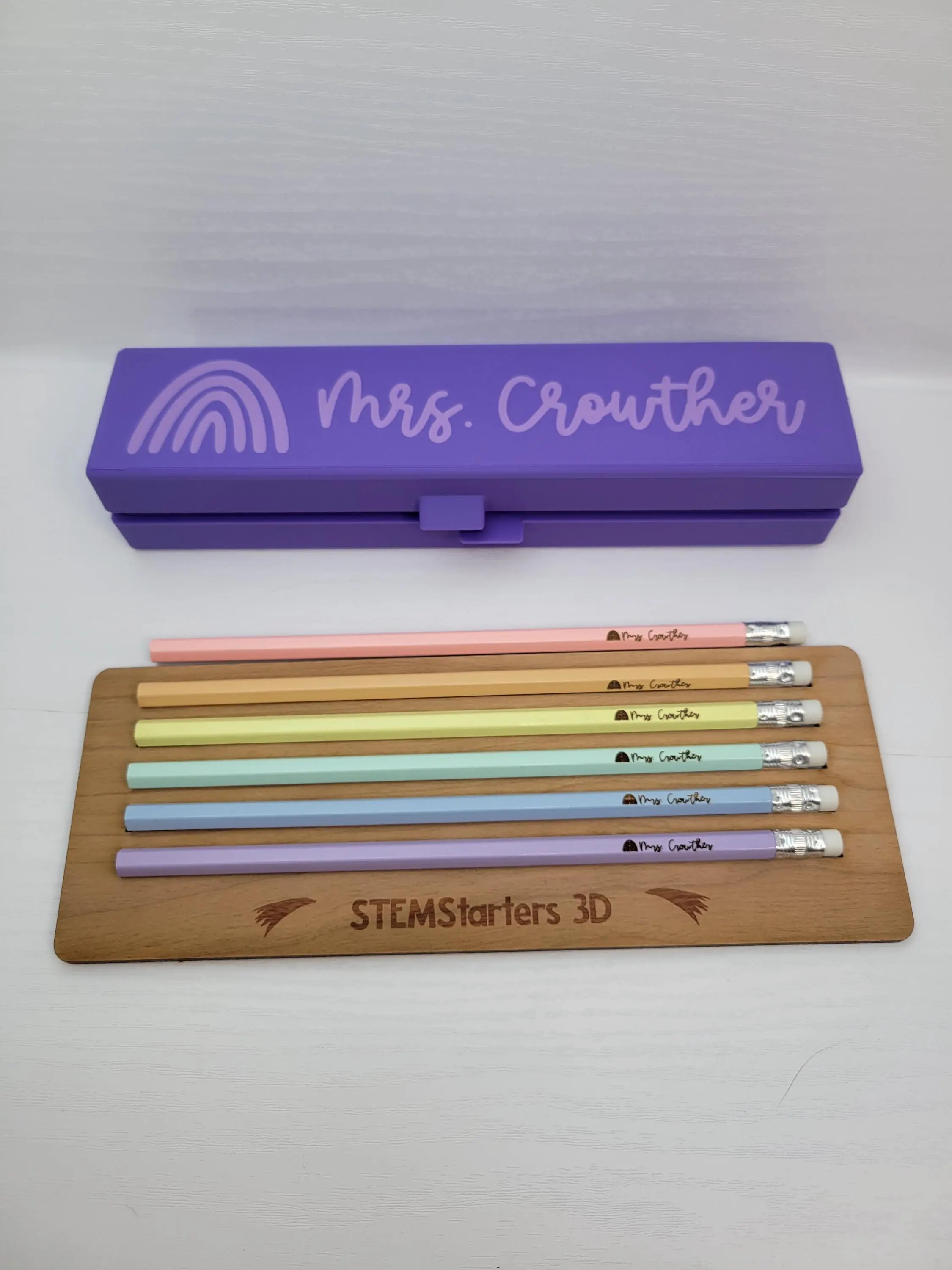 Rainbow 3D Printed Pencil Box with Personalized Pencils Laser Engraved Gifts