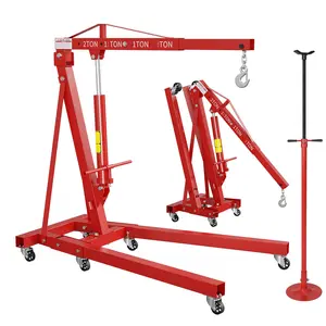 Garvee Upgraded 2 Ton Folding Engine Hoist + 3/4 Ton Underhoist Support Stand Combo, Red Heavy Duty Steel Hydraulic Cherry Picker Crane with 4-Position Boom, High-Reach Automotive Support Stand for Garage Repair