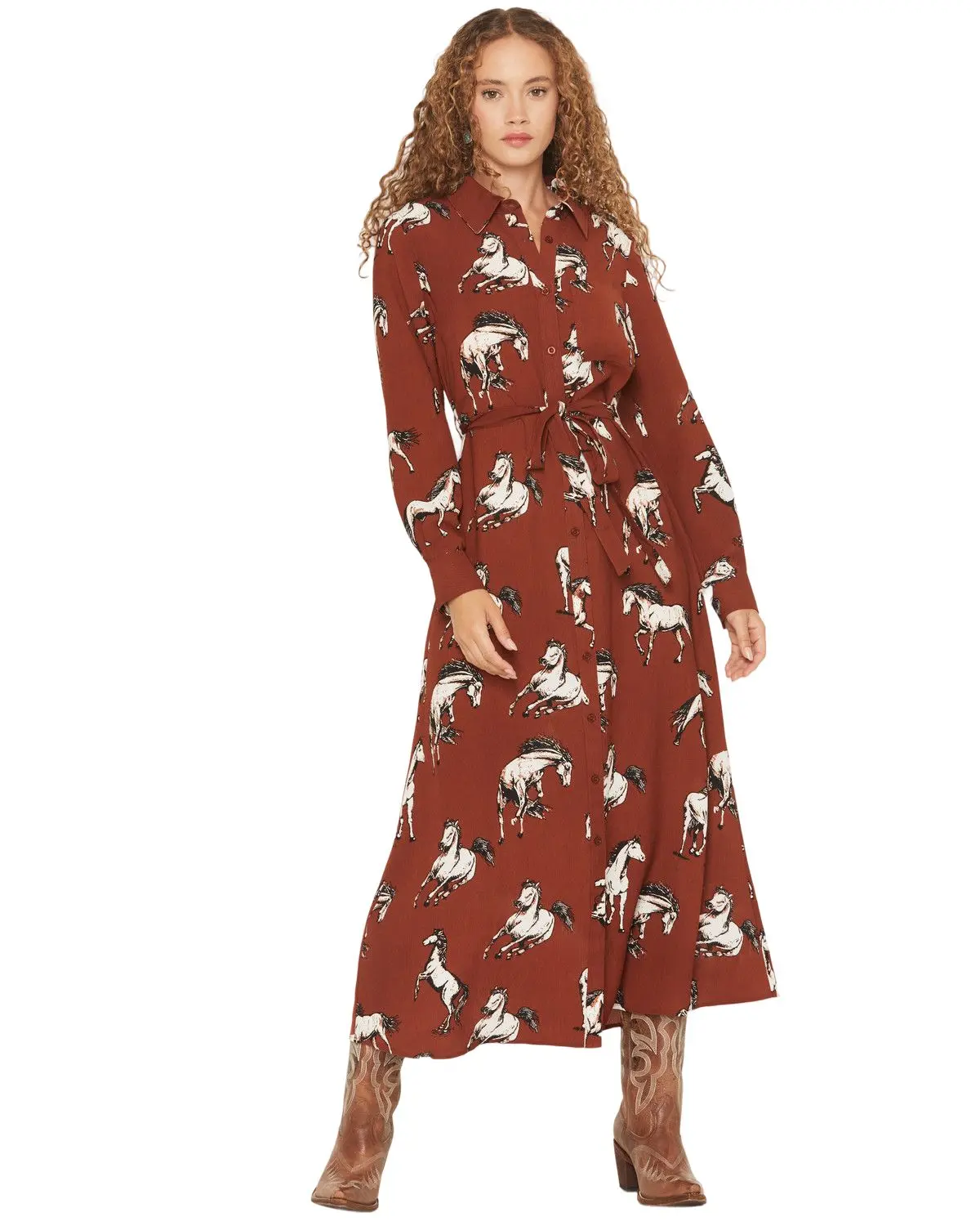 Cotton Women's And Rye Women'S Boot Barn Horse Print Waist Tie Midi Dress - Crwd9601m