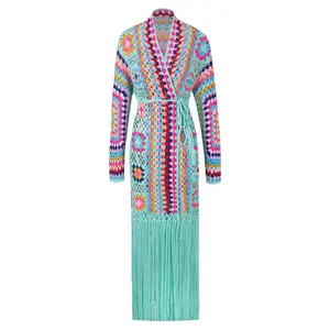 Women's Ethnic Pattern Belted Wrapo Casual Hollow  Fringe Cardigan V Neck Knitwear, Multicolor Comfort Womenswear Tops Knitting Fitted Long Sleeve