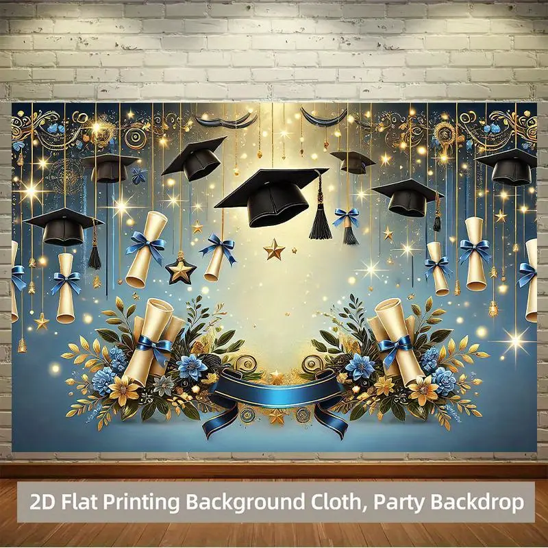 Classic Blue Gold Tassel Graduation Tapestry - Polyester HD Prints Home Decor Wall Hanging, Family Thanksgiving Independence Day Party Event Photography Background, Nail, Wrinkle Resistant, Hangable, Durable