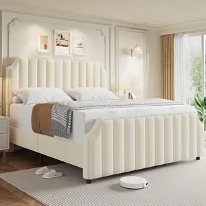 King Size Platform Bed Frame  Upholstered Bed Frame with Headboard and Footboard  Strong Wooden Slats Support  No Box Spring Required King Size Bed Frame  Beige-A