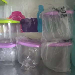 Tupperware Square Clear Container with Purple or Green Lid Plastic Tin Canister for Cold Dry Food Knick Knacks Compact Design Room Lunch Snack Storage