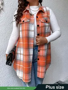 【Plus Size】Plaid Print Button Front Pocket Vest Coat Check Print Sleeveless Jacket With Flap Details Casual Sleeveless Collared Outerwear for Daily Wear Women's Clothing for All Seasons