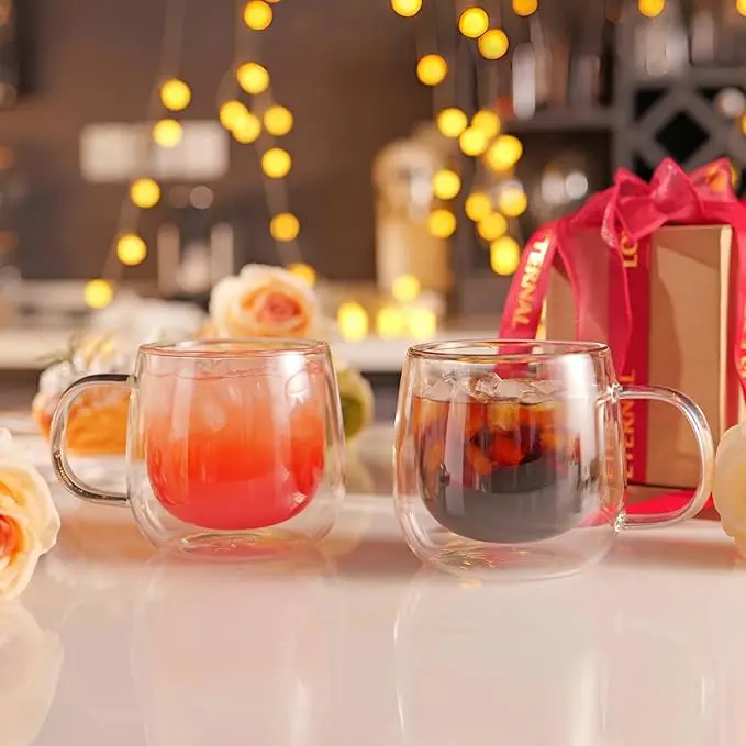 12 oz Handmade Glass Mug Set (2-Pack) - Double-Walled Insulated Transparent Coffee Cups Sets with Handles, Insulated Espresso Cups for Latte, Hot & Cold Drinks (Home Bathroom Tumblers)