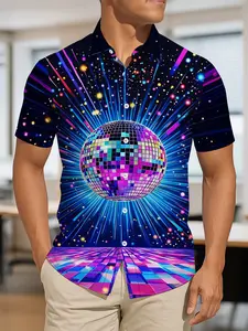 Fashionable Disco Ball Pattern Short-sleeve Shirt with Trendy Sequins Light Print Design Comfortable Breathable Daily Casual Party Versatile Top Menswear for Men