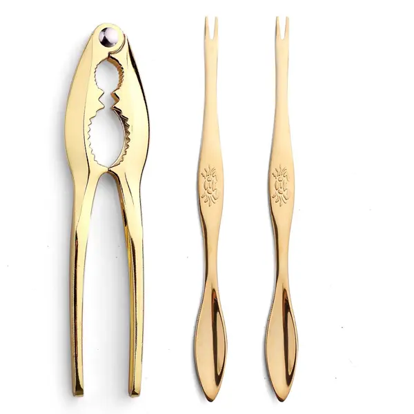 3 Pcs Gold Lobster Crackers and Picks Set, Crab Leg Cracker Tools, Stainless Steel Seafood Crackers & Forks Nut Cracker Set for Eating Stake Support (Nut cracker+2 gold picks)