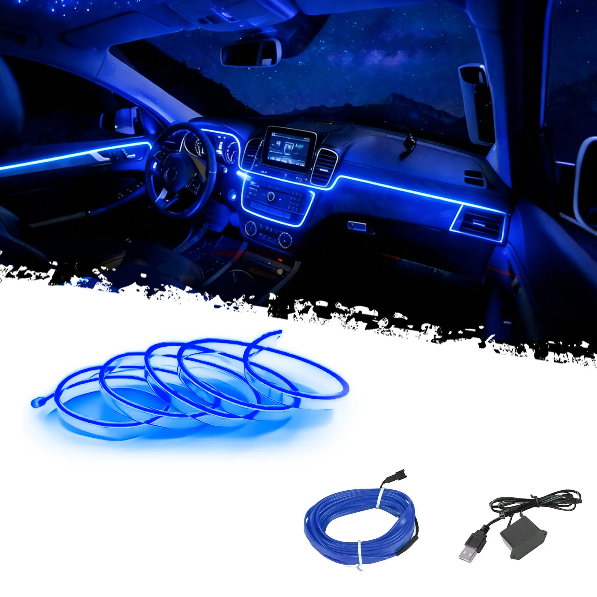 DIBMS EL Wire Interior Car LED Strip Lights, 16.5FT USB Neon Glowing Strobing El Wire Strip with 6mm Sewing Edge, Ambient Lighting Kits for Car Inside Decorations