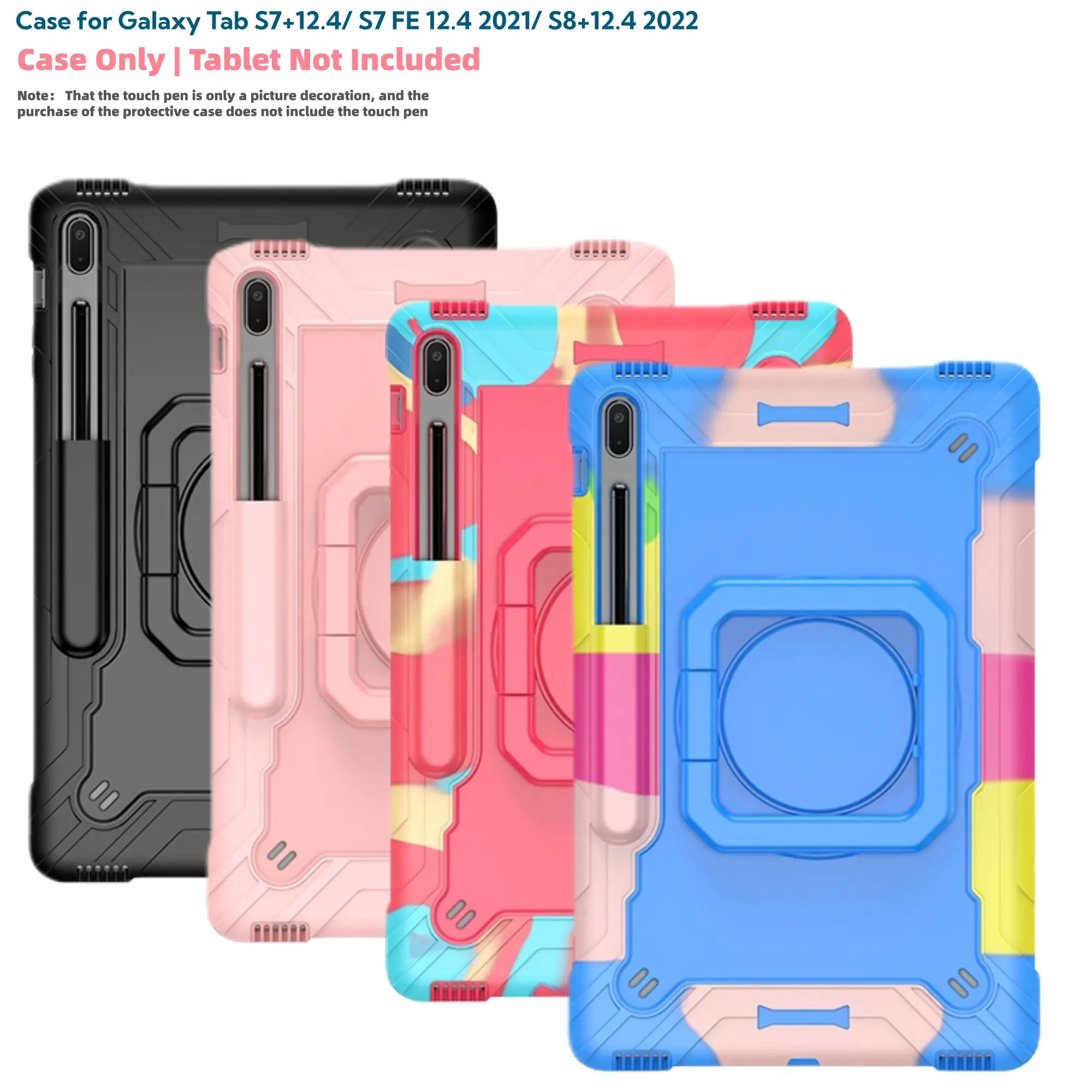 Case for Samsung Galaxy Tab S7+/S7 FE 12.4 2021/S8+12.4 2022 Tablet Case, 360° Rotating Handle Foldable Stand Design,  Silicone PC Cover Heavy Duty Shockproof Protective with Kickstand &Shoulder Strap Tablet Casing Tablet Accessories