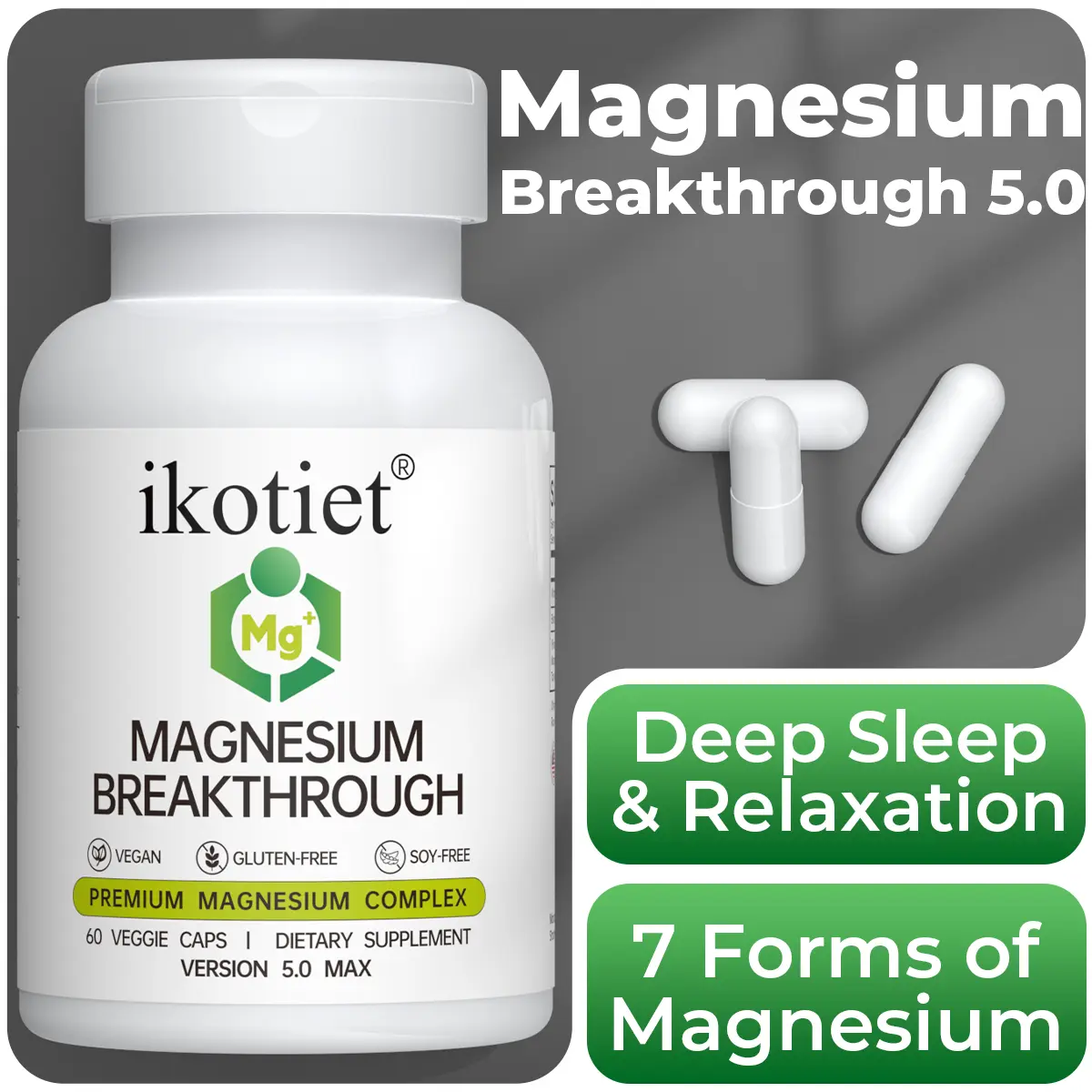 ikotiet Premium Magnesium Complex 7-in-1 Formula - Multiple Forms of Magnesium, Naturally Derived Minerals Vitamins Supplements, Calm & Sleep Support Vitamins Supplements for Deep Sleep, 60 Veggie Capsules Version 5.0 Max, Sleep Aid