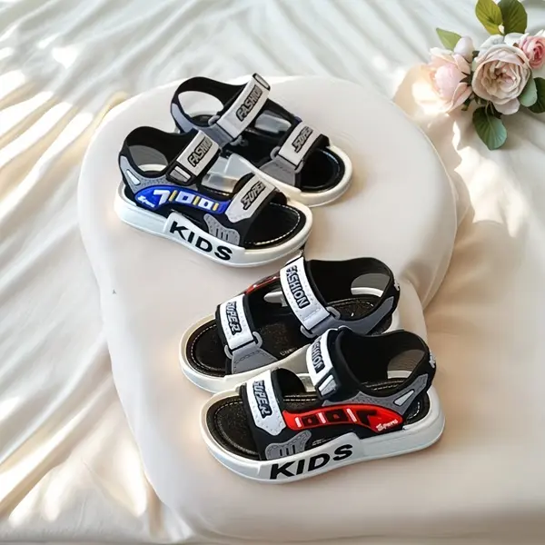 Kids' Stylish Flat Flip Flops with Soft Non-Slip Kid-Ready Traction Sole, Fast On-Off Hook-and-Loop Closure, Fashionable Letter Design for Students