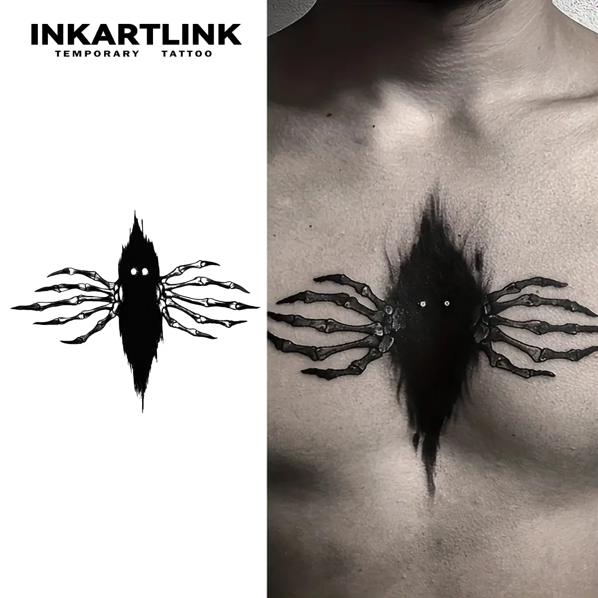 INKARTLINK Tattoo Tech Temporary Tattoos, 2 Sheets Semi-Permanent "Gazing into the Abyss" Adult Art Design, 1-2 Weeks Long-Lasting, Waterproof, Realistic, No Adhesive, No Reflection, for Men & Women, Ideal for Swimming, Parties, Temporary Tattoo