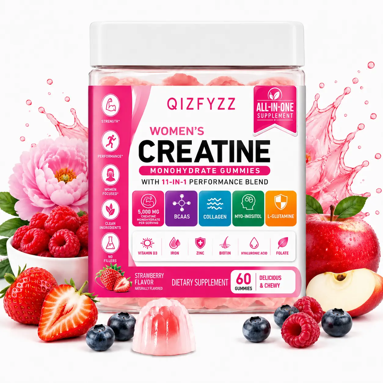 Creatine for Women | 5000mg Creatine Monohydrate + BCAA, Myo-Inositol, Collagen, Biotin, Hyaluronic Acid, Folic Acid, L-Glutamine, Vitamin D3, Iron & Zinc | All-in-One Women’s Performance & Beauty Support