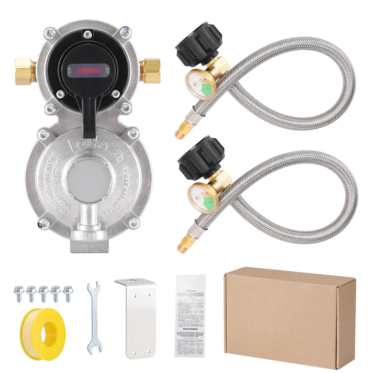 2-Stage Automatic Switchover RV Propane Regulator with Auto Switcher, Gas Regulation Function, Threaded Inlet, 1/4" Male, 3/8" Female Threads, Wrench, Bracket, Hose for 2-Tank LP Gas RV Applications
