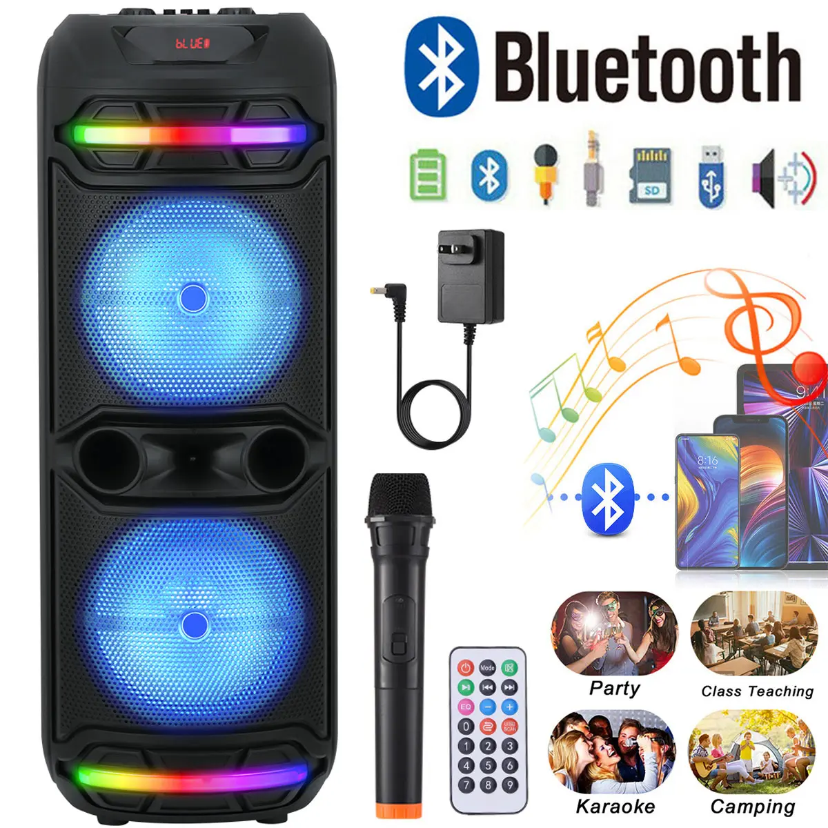 Bluetooth Party Speaker Dual 12" Woofer Portable Rechargeable Stereo Wireless Speaker With LED Lights FM Radio Wireless Microphone Karaoke Machine Audio