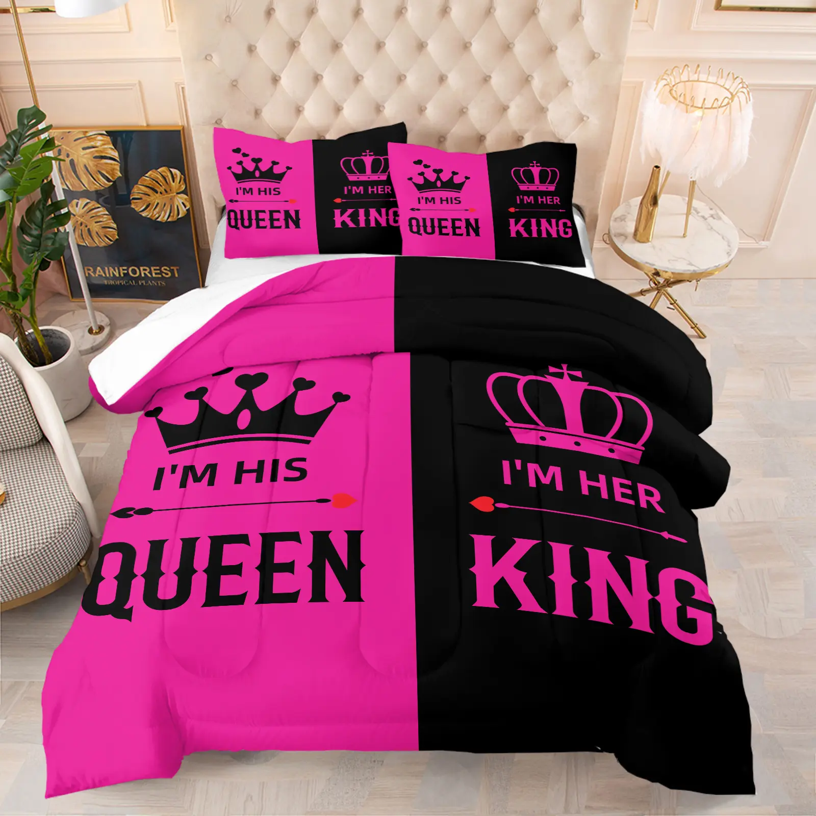 2/3 Piece Valentine'S Day Decorative Bedding Set, Valentine'S Day Gift, Soft Bedding Sets, King and Queen Printed Crown Comforter Set, Suitable for Couples' Bedroom Decoration, Soft and Breathable, Including 1 Quilt and 1/2 Pillowcase