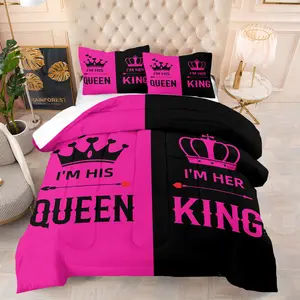 2/3 Piece Valentine'S Day Bedding Set, Valentine'S Day Gift, Soft Bedding Sets, King and Queen Printed Crown Comforter Set, Suitable for Couples' Bedroom Decoration, Soft and Breathable, Including 1 Quilt and 1/2 Pillowcase
