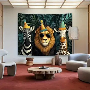 Summervibes 1PC Polyester Reusable 2D Flat Cartoon Animal Party Backdrop - Jungle Green Plants, Zebra, Giraffe Decoration, Wall Hanging Tapestry, Banners, Home Supplies for Birthday Events, Shooting Prop
