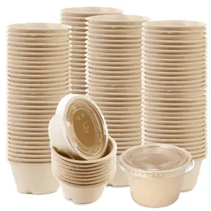 EcoQuality 2 oz Compostable Condiment Souffle Bagasse Cups with Lids - Portion Cup with Lid Sugarcane, Biodegradable Perfect For Sauces, Samples, Condiments, Slime, Jello Shot, Food Storage (100)