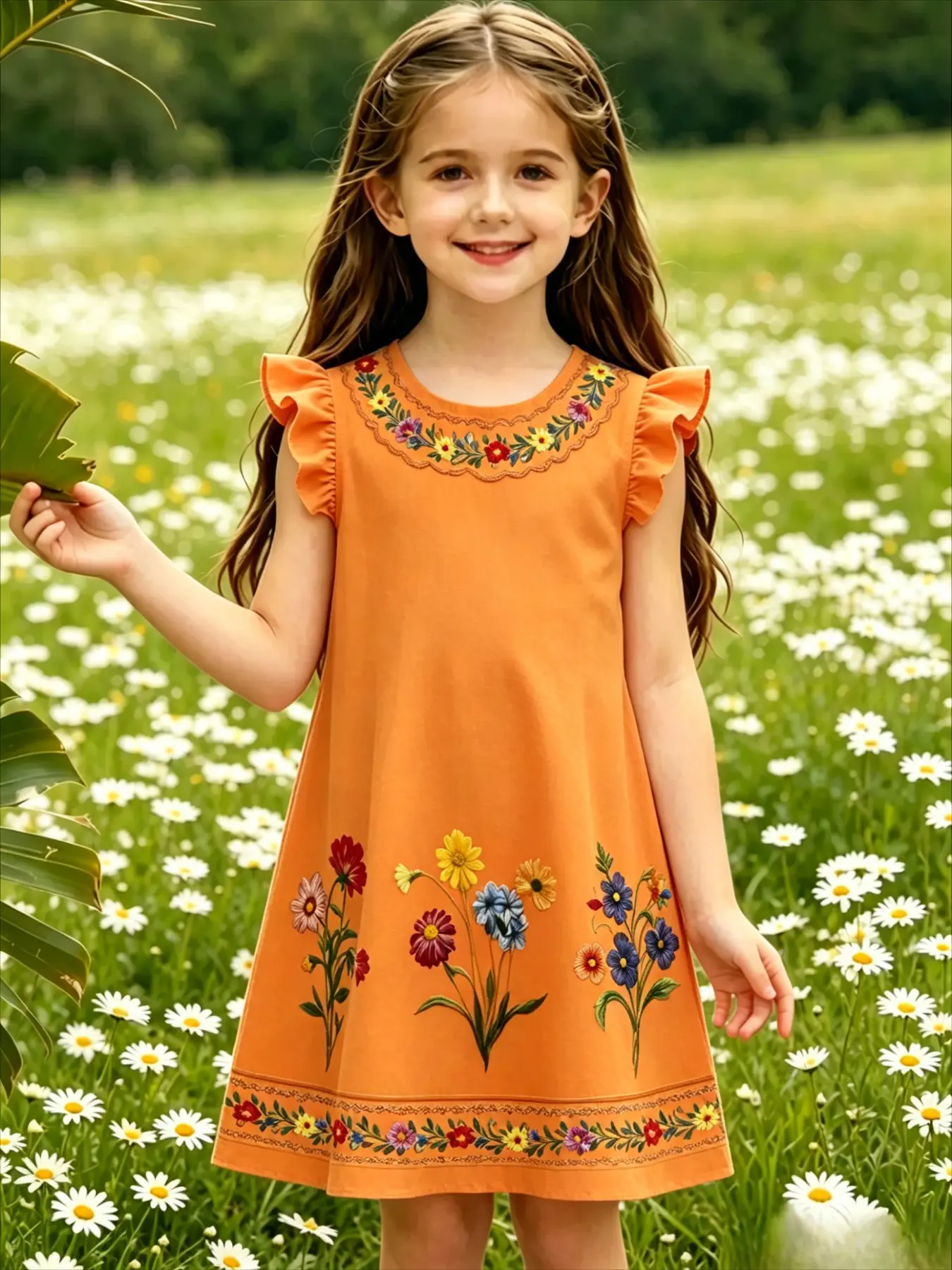 Girls' Summer Round Neck Floral Print Flutter Sleeve Dress, Stylish Loose Fit Dress, All over Print, Casual Clothing for Kids