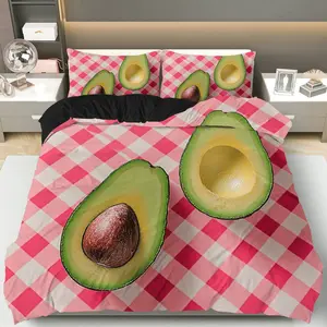 3PCS Duvet Cover Set, 1 Duvet+2 Pillowcases(Without filler), Avocado Pattern Pink Gingham Checkered theme, Easter bedding set, Fruit Design Suitable for decoration Bedroom Dorm Room Guest Room Hotel Room.