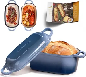 4.6-Quart Oval Dutch Oven for Bread Baking, 2 in 1 Enameled Cast Iron Bread Pan with Lid, Sourdough Bread Dutch Oven for a Crispy Crust, Seasalt Blue