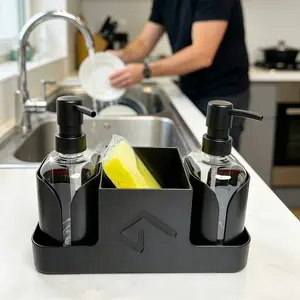 2-Pack 400ML Dispenser Bottles, Kitchen Soap Dispenser Set with Sponge Rack, Bathroom Sink Shelf, Dish Soap Distributor