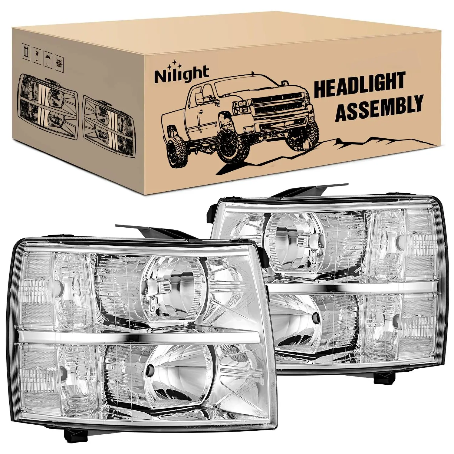 Nilight Headlight Assembly Compatible with 2007 2008 2009 2010 2011 2012 2013 Silverado 1500 2014 2500HD 3500HD Replacement Chrome Housing Clear Reflector