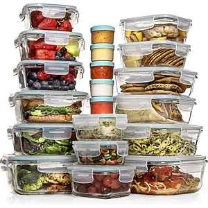 35 count Set Glass  Storage Containers with  - Meal Prep Airtight Bento Boxes   Leak Proof (15 ,15 glass & 5 Plastic Sauce/Dip Containers)
