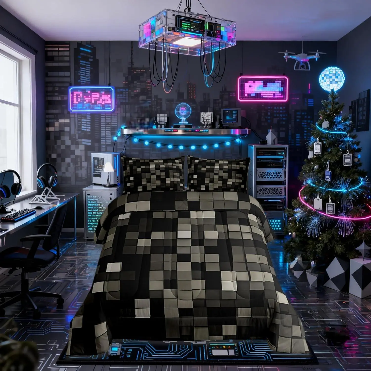 Pixelated Kids Comforter Set,Patchwork Grid Video Games Bedding Set,Girls Boys Room Decor,Lattice Abstract Simple Quilt Comforter,Dark Gray Duvet Set,Bedroom Quilt Set