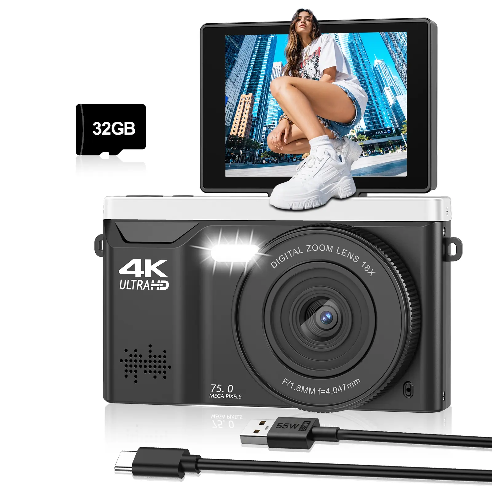 Digital Camera for Photography, 4K 75MP Vlogging for YouTube With 2.8''180° Flip Screen,18X Digital Zoom Compact Cameras with 32GB Micro SD Card Perfect Holiday Gift(Black), Picture, Rechargeable