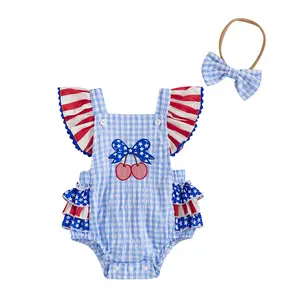 4th of July Outfit Baby Girl Gingham Bubble Romper Infant Cherry Stars Striped Ruffles Onesie Bodysuit Patriotic Memorial Day Summer Clothes
