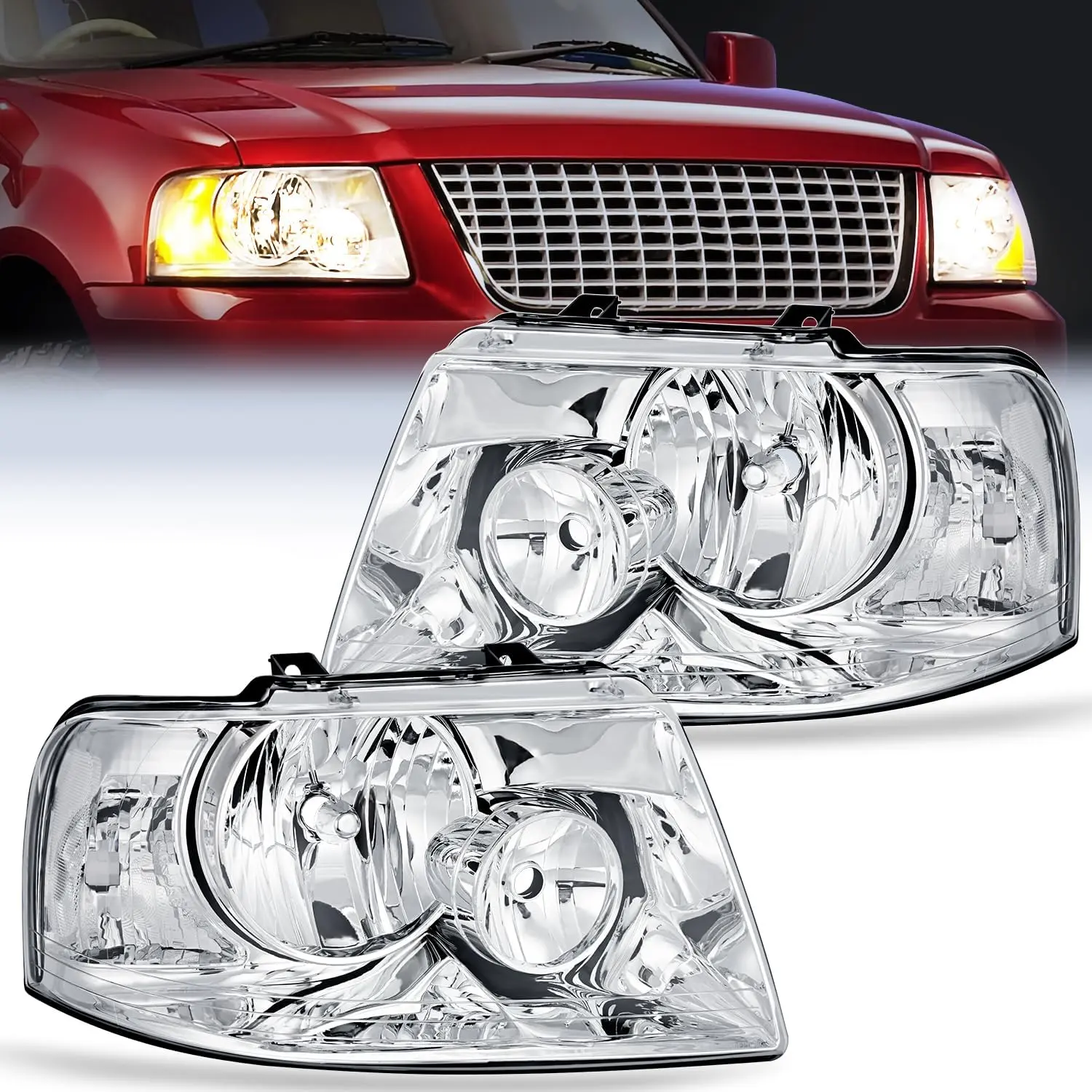 Nilight Headlight Assembly Compatible with 2003 2004 2005 2006 Ford Expedition Headlamps Replacement Chrome Housing Clear Reflector Lens Driver and Passenger Side, Car Headlights