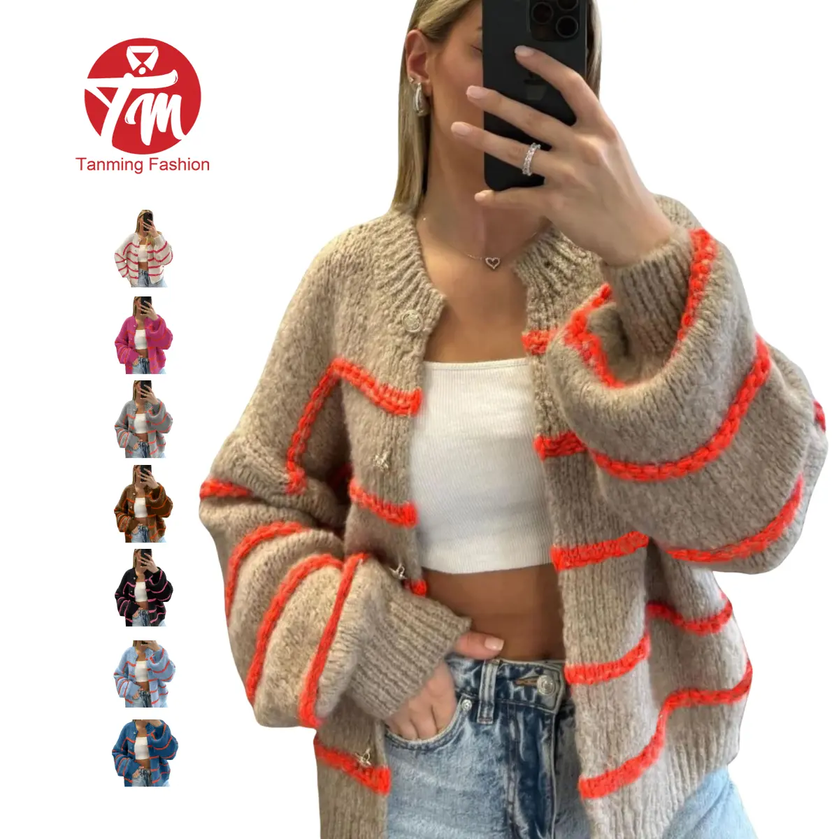 Tanming Women's Striped Knit Cardigan, Oversized Button Down Crew Neck Sweater with Drop Shoulders and Lantern Sleeves, Knitwear, Lady, Casual Chic, Full Sleeves, Long Sleeves For Coverage
