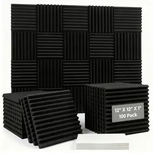 100 black sound insulation foam panels (with 540PCS double-sided adhesive tape) 1 "x 12" x 12 "sound insulation foam disc sound insulation noise reduction wedge plate, suitable for home office recording room