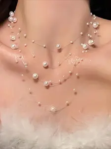 Multi-Strand Imitation Pearl Necklace, Faux Pearl Jewelry, Dainty Layering Jewelry, Layered Necklaces, Layered Collarbone Chain, Jewelry Accessories for Daily and Party Wear, Valentine's Day Jewelry Gifts, Versatile Accessory for All Seasons