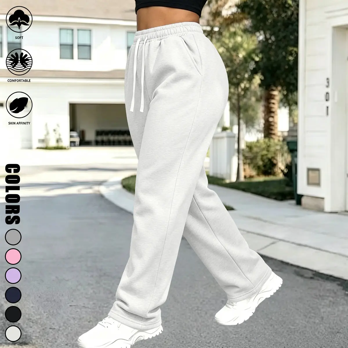 Women’s athletic casual pants, solid color, elastic drawstring waistband, suitable for outdoor sports and everyday wear; women’s sweatpants, women’s long pants, women’s bottoms, womenswear
