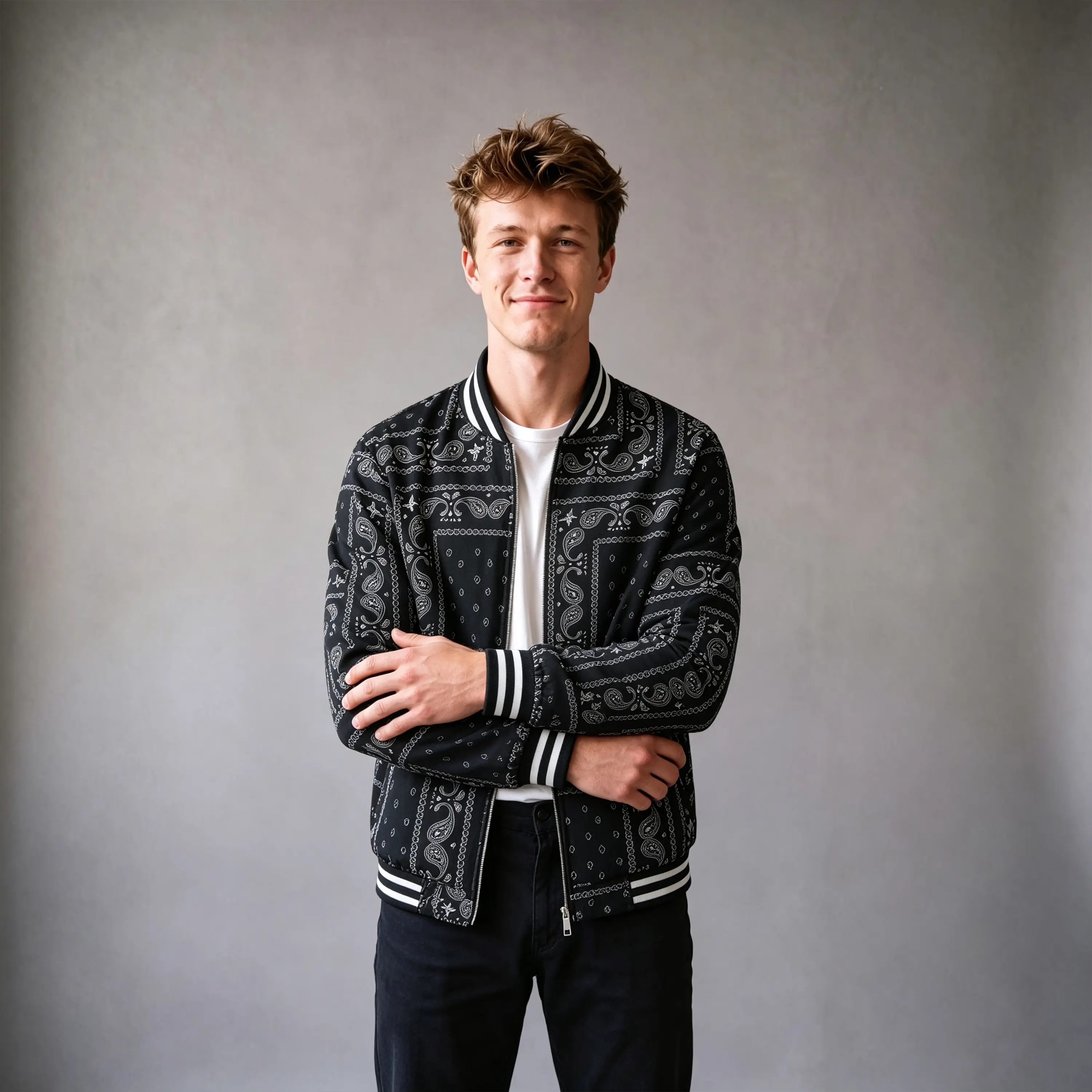 Men's Stylish Varsity Bomber Jacket with Paisley Bandana Print - Long Sleeve Full Zip Streetwear Coat with Ribbed Trim, Menswear, Geometric, Jeans, Tops