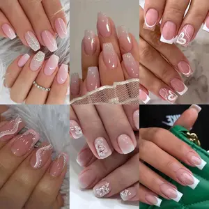 3D Press on Nails, 96 Pcs Medium French Tip Fake Nails with Embossed Flower&Gold Bead, Reusable False Nails, Nail Kit for Women Manicure