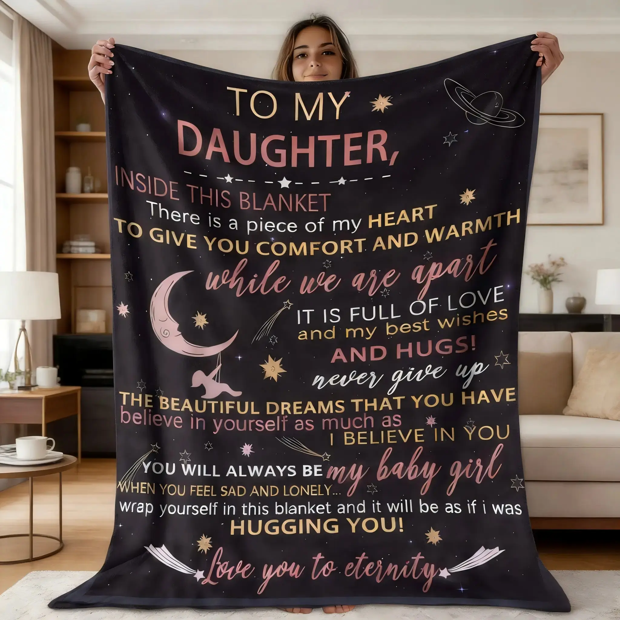 To My Daughter Cosmic Love Letter Lightweight Flannel Soft Blanket Throw - Birthday Gifts Blanket, Fluffy Breathable, Message Design, North Star Starry Night, Multi-Size, Sofa Bedroom Snuggle Use