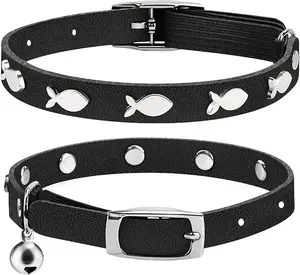 Joansan Adjustable Cat Collars Bell an Fish Rivert, Sleek Black Leather, Safety Pet Cats Collar with Elastic, Length 7-10 Inch Fit for Cats, Kitten and Puppy (2 Pack Black)