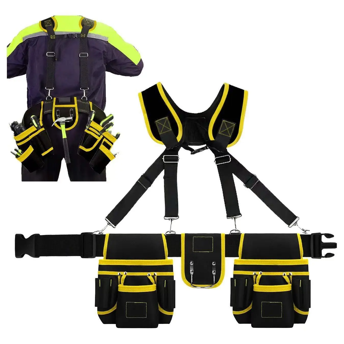 Oxford Cloth Tool Belt with Suspenders, Heavy Duty Multi-Pocket Tool Pouch, Durable Waist Tool Bag for Electricians & Carpenters, Construction Tool Pouch, Tools Bag
