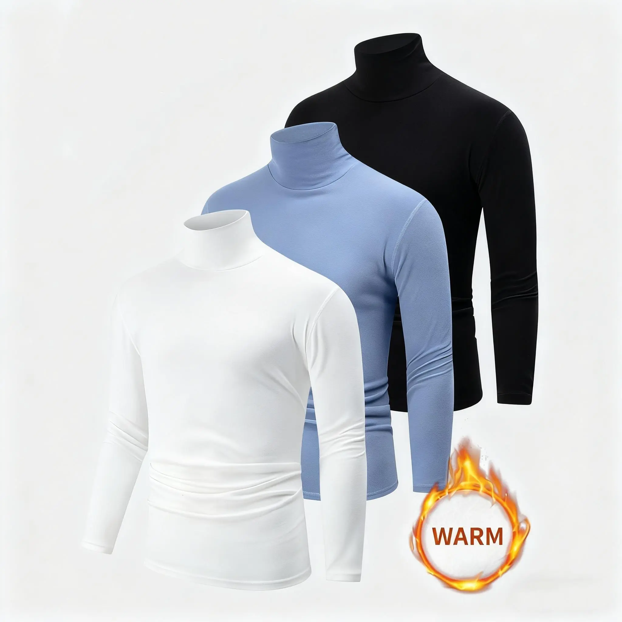 Men's 3-Piece Plain Slim Fit Thermal Turtleneck Long Sleeve T-Shirt - Spandex Fabric, Warm, Elastic, Casual for Autumn Winter Menswear, Polyester, Keep Warm Men's Thermal Tops